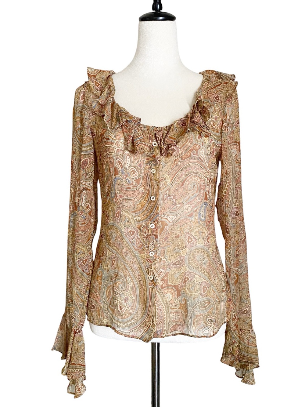 Lauren Ralph Lauren 100% Silk Paisley Ruffle Blouse Romantic Boho Sz 4